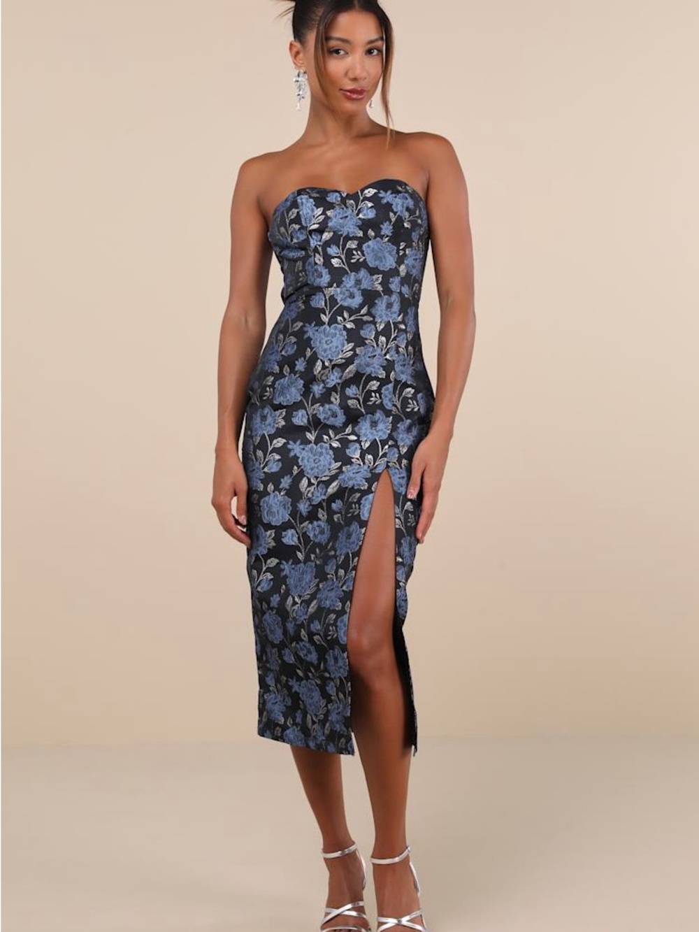 NWT Lulus Beloved Belle Black Multi Jacquard Strapless Midi Dress
